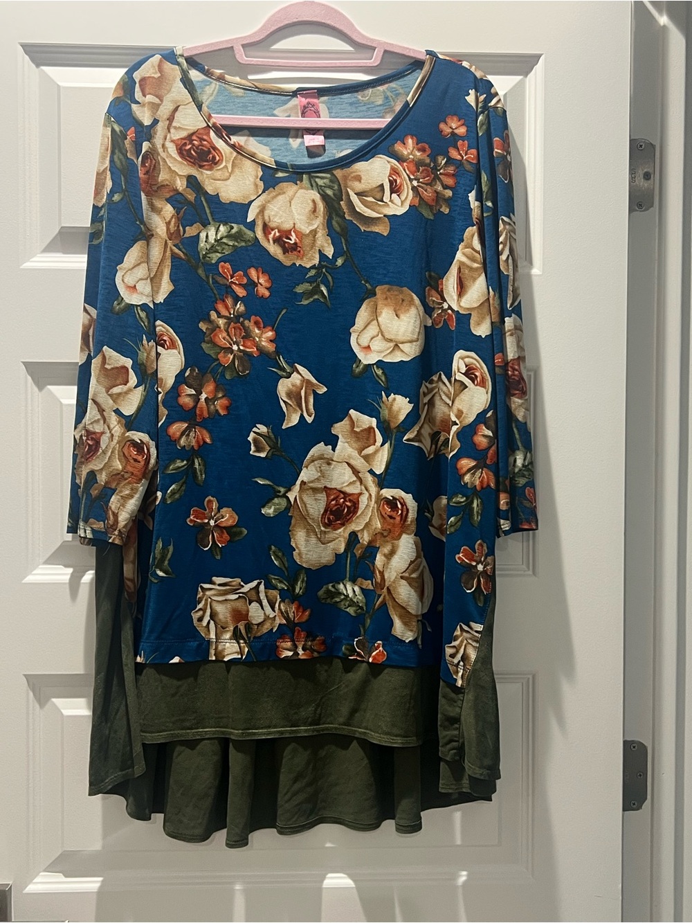 Honeyme Blue Floral Scoop Neck Tunic with Olive Layered Hem